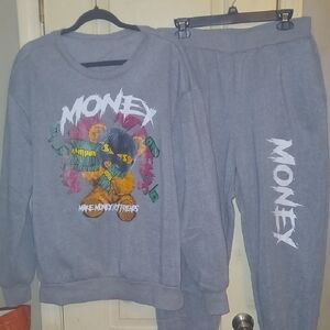 Gray Money Graphic Sweatshirt and Pants Set